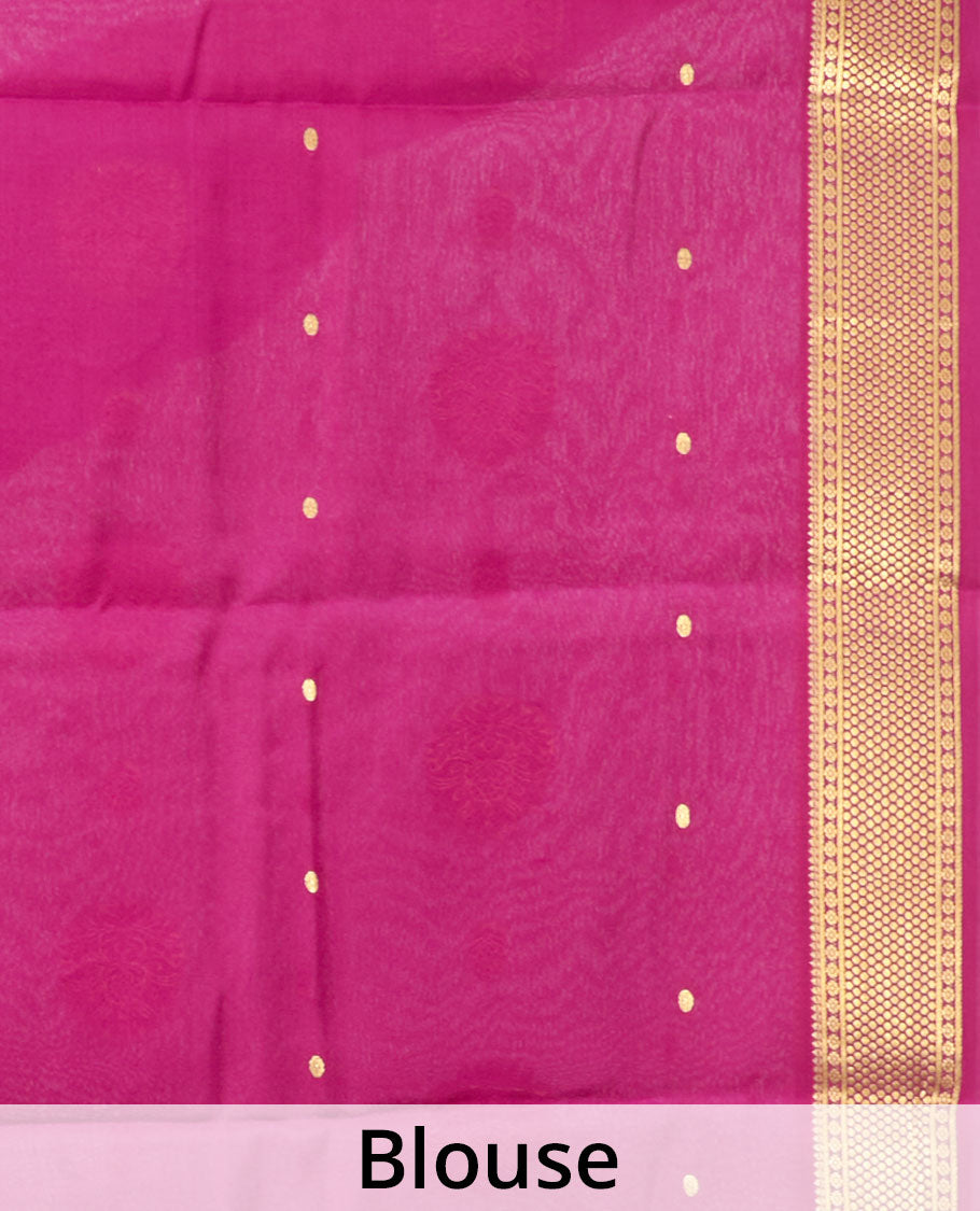 Orange Mysore Silk Saree, Prettified with Zari Buttas All Over Its Body, Complemented by a Contrast Traditional Zari Design Border, Zari-Buttas Woven Pallu, and Paired with a Contrast Blouse