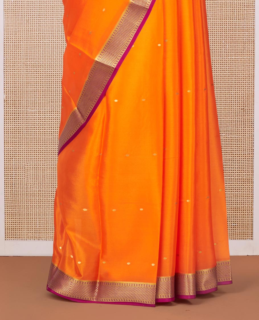 Orange Mysore Silk Saree, Prettified with Zari Buttas All Over Its Body, Complemented by a Contrast Traditional Zari Design Border, Zari-Buttas Woven Pallu, and Paired with a Contrast Blouse
