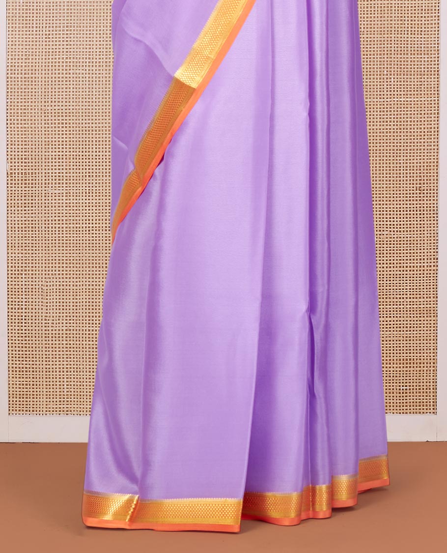 Lavender Plain Mysore Silk Saree, Complemented by a Contrast Traditional Zari Design Border, Zari Striped Pallu, and Paired with a Contrast Blouse