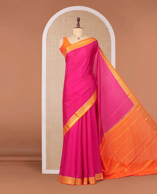 Rani Pink Plain Mysore Silk Saree, Complemented by a Contrast Traditional Zari Design Border, Zari Striped Pallu, and Paired with a Contrast Blouse