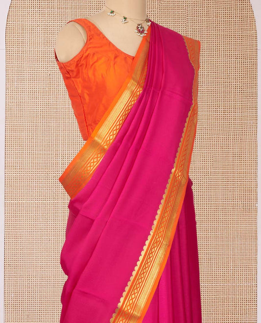 Rani Pink Plain Mysore Silk Saree, Complemented by a Contrast Traditional Zari Design Border, Zari Striped Pallu, and Paired with a Contrast Blouse