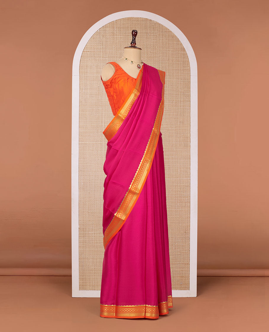 Rani Pink Plain Mysore Silk Saree, Complemented by a Contrast Traditional Zari Design Border, Zari Striped Pallu, and Paired with a Contrast Blouse