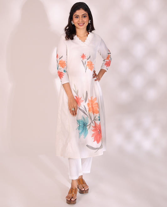 Enthralling white floral printed V-neck and 3/4th sleeve readymade cotton below-knee umbrella kurti