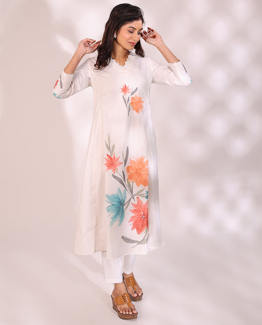 Enthralling white floral printed V-neck and 3/4th sleeve readymade cotton below-knee umbrella kurti