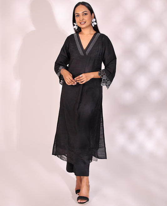Inky black thread work V-neck scallop floral embroidered 3/4th sleeve straight-cut below-knee readymade cotton salwar suit with pants