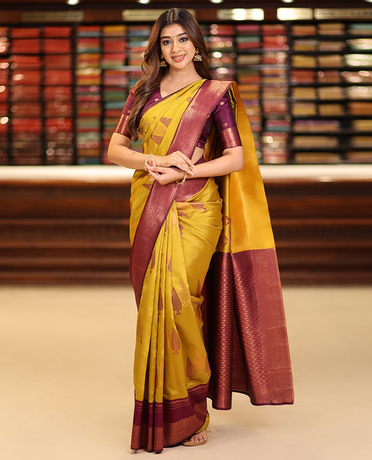 Mustard copper zari butta litchi soft silk saree with contrast double pad border & zari butta blouse