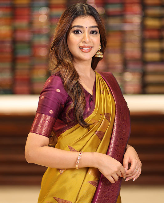 Mustard copper zari butta litchi soft silk saree with contrast double pad border & zari butta blouse