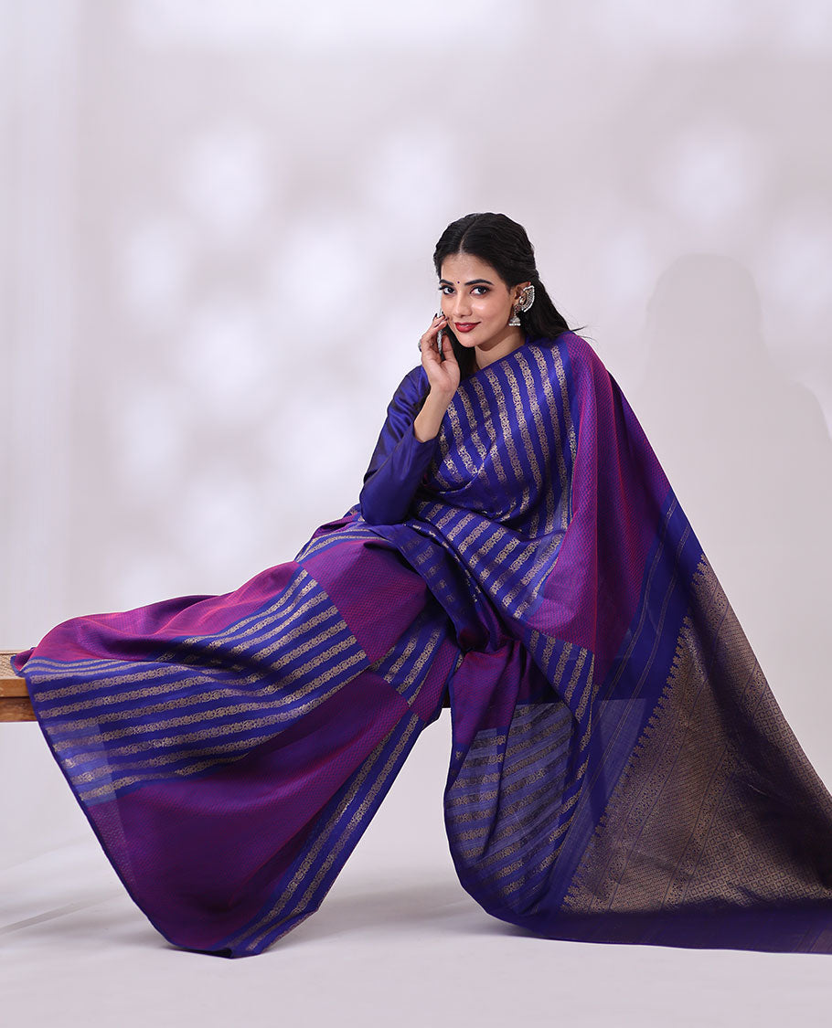 Borderless blue  floral striped design kancheppuram silk saree with floral jaal design pallu