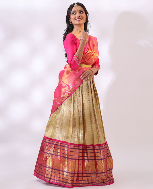 Gold striped silk half saree with contrast intricate zari design, floral embroidery blouse & floral zari design dhavani
