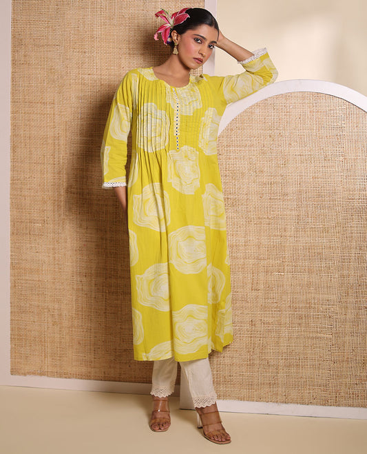 Yellow floral design round neck, 3/4 th sleeve, below knee kurti