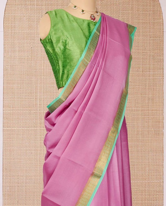 Onion Pink Plain Mysore Silk Saree, Complemented by a Contrast Traditional Zari Design Border, Zari Striped Pallu, and Paired with a Contrast Blouse