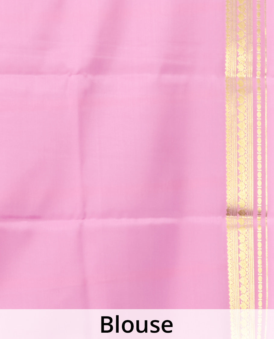 Dark Pink Plain Mysore Silk Saree, Complemented by a Contrast Traditional Zari Design Border, Zari Striped Pallu, and Paired with a Contrast Blouse