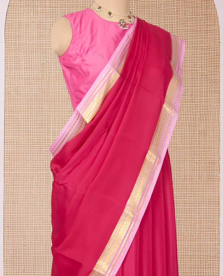 Dark Pink Plain Mysore Silk Saree, Complemented by a Contrast Traditional Zari Design Border, Zari Striped Pallu, and Paired with a Contrast Blouse