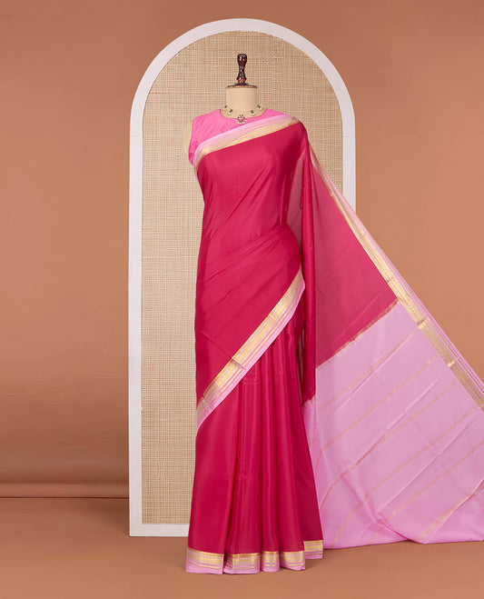 Dark Pink Plain Mysore Silk Saree, Complemented by a Contrast Traditional Zari Design Border, Zari Striped Pallu, and Paired with a Contrast Blouse