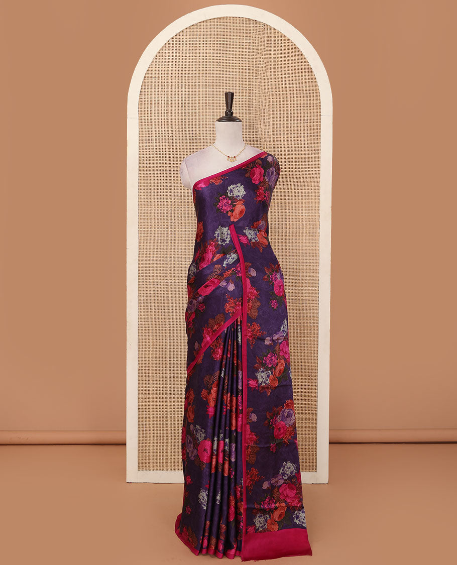 Borderless violet printed Italian crepe saree adorned with colorful rose floral motifs print