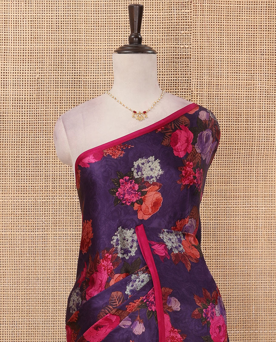Borderless violet printed Italian crepe saree adorned with colorful rose floral motifs print