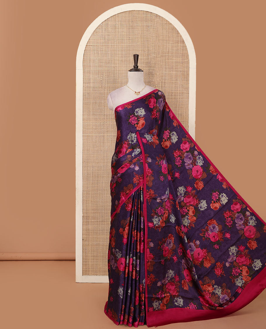 Borderless violet printed Italian crepe saree adorned with colorful rose floral motifs print