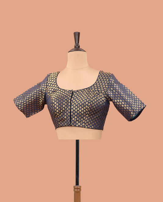 Navy blue zari jacquard front-back round neck elbow sleeve readymade blouse