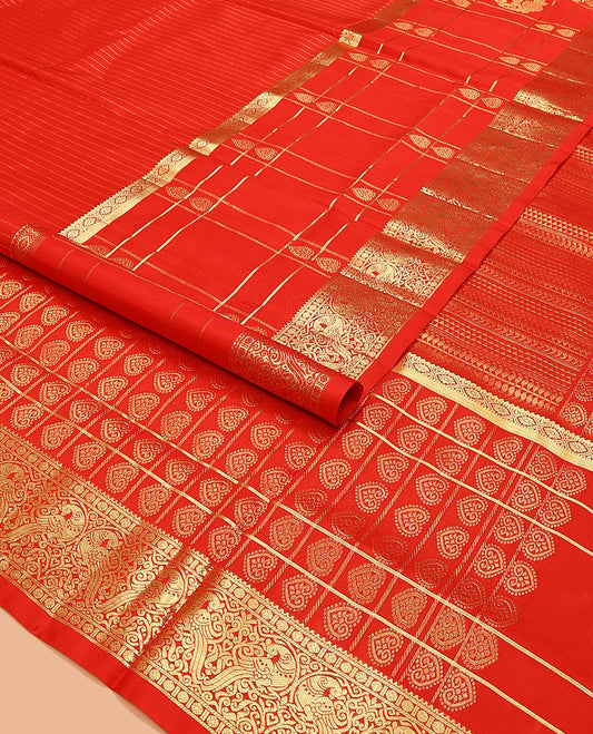 Red striped Venkatagiri silk saree, traditional zari design border, and geometric patterned pallu