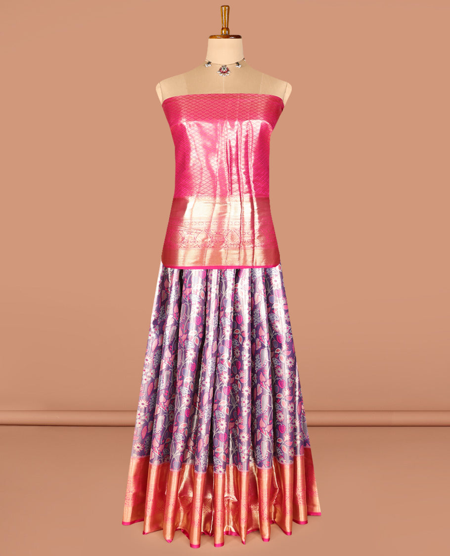 Violet Art Silk Half-Saree, Delicately Woven with Floral Jacquard Design, Contrast Traditional Zari Border, Paired with a Contrast Jacquard Blouse, and an Intricate Dhavani