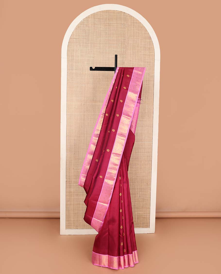 Red zari buttas Kanchipuram korvai silk saree, contrast neer korvai border of thilakam mokku, muthu, rettai neli, and mayil designs, and zari design pallu