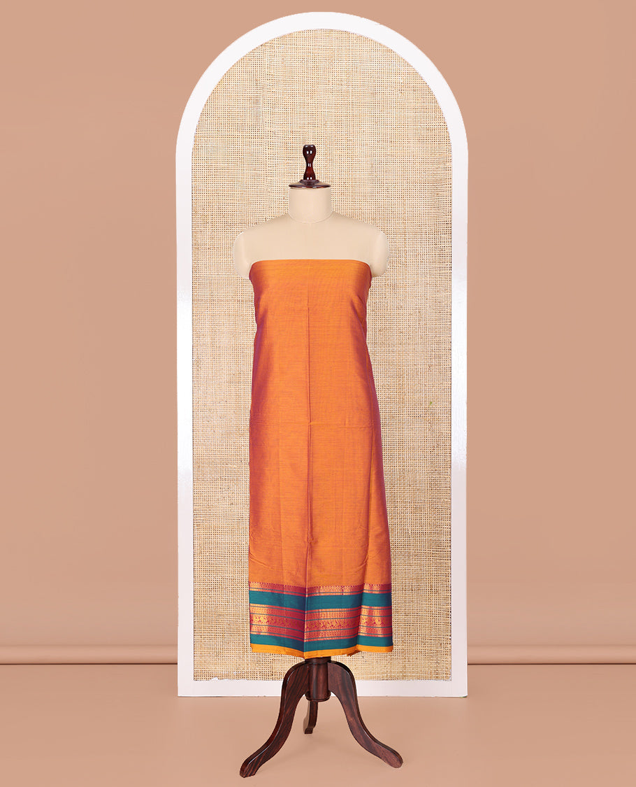 Mango Yellow Mercerised Cotton Material Churidar Features Plain Top, Contrast Rettai Pettu Border, Plain Bottom, Matching Dupatta