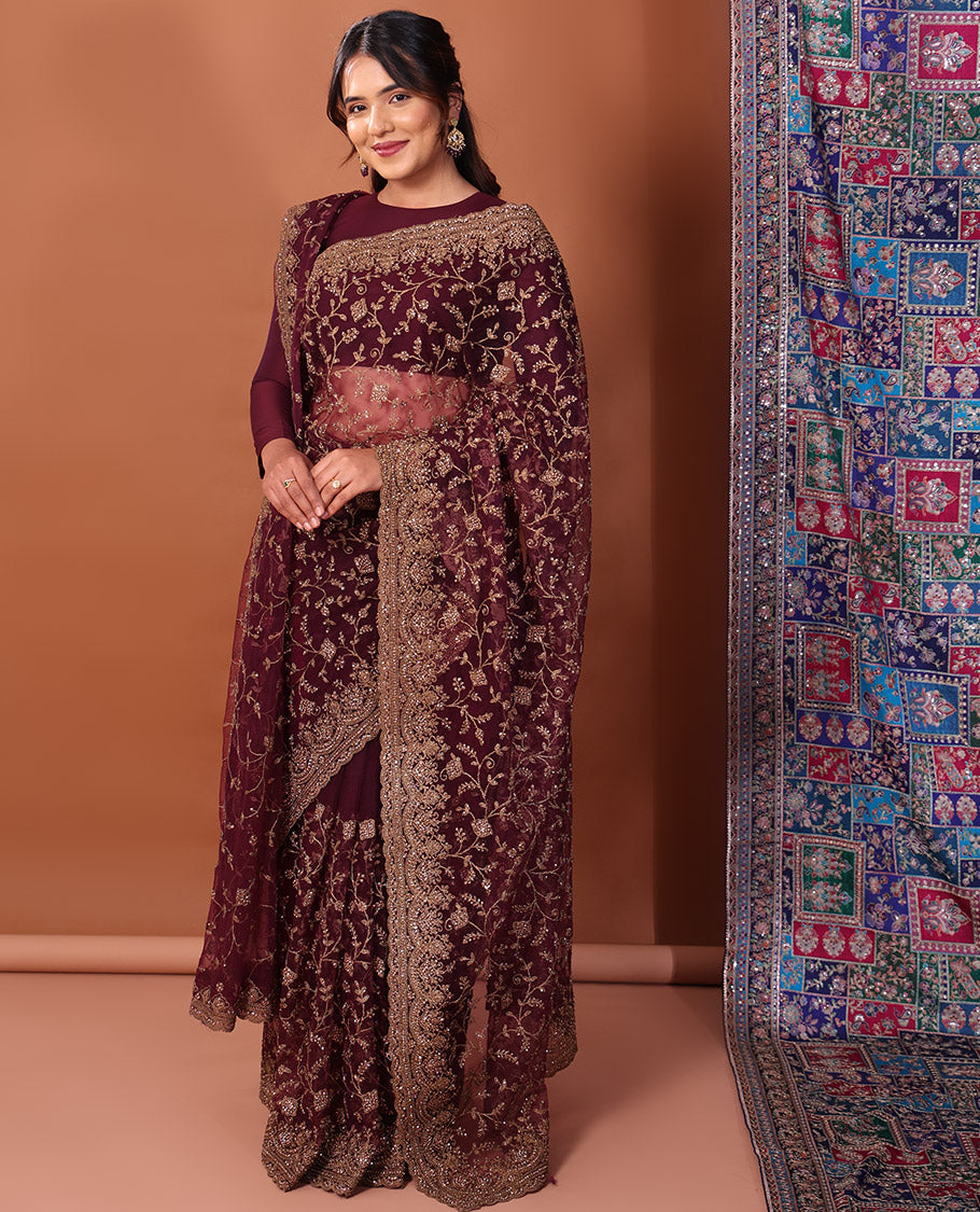 Wine Net Saree, Impeccably Embroidered with Floral Jaal Design All Over Its Body, Featuring a Scallop Embroidered Border, Floral Jaal Embroidered Pallu, and a Plain Blouse