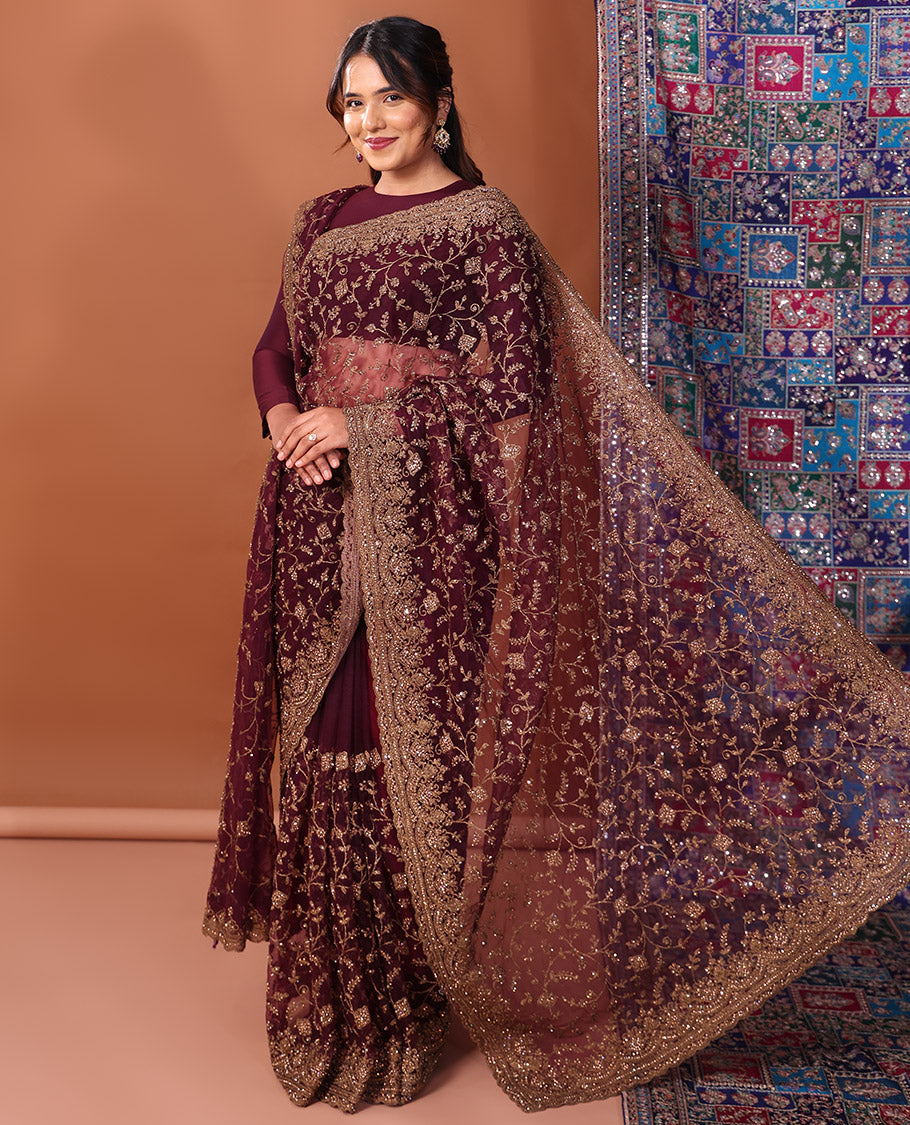 Wine Net Saree, Impeccably Embroidered with Floral Jaal Design All Over Its Body, Featuring a Scallop Embroidered Border, Floral Jaal Embroidered Pallu, and a Plain Blouse
