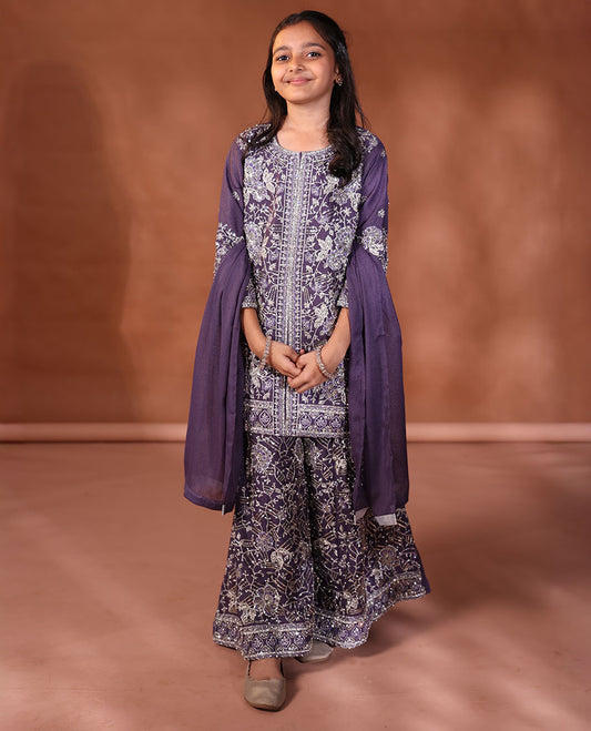 Violet Readymade Suit Featuring an Intricately Floral Embroidered Round-Necked 3/4th Sleeve Top, Floral-Embroidered Sharara Pants, and a Matching Dupatta