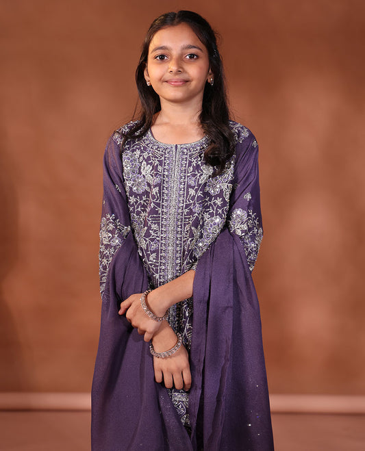 Violet Readymade Suit Featuring an Intricately Floral Embroidered Round-Necked 3/4th Sleeve Top, Floral-Embroidered Sharara Pants, and a Matching Dupatta
