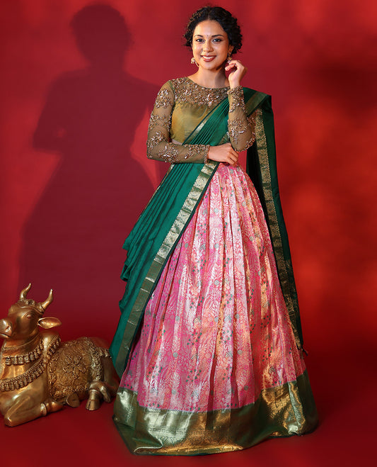 Pink Art Silk Half-Saree, Featuring a Jacquard Design Stitched Skirt, Complemented by a Contrast Traditional Zari Design Woven Border, Paired with a Blouse, and a Contrast Traditional Zari-Bordered Dhavani