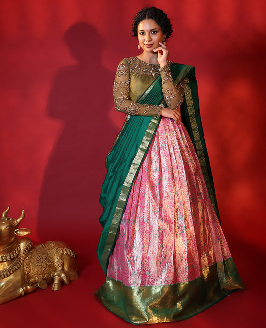 Pink Art Silk Half-Saree, Featuring a Jacquard Design Stitched Skirt, Complemented by a Contrast Traditional Zari Design Woven Border, Paired with a Blouse, and a Contrast Traditional Zari-Bordered Dhavani