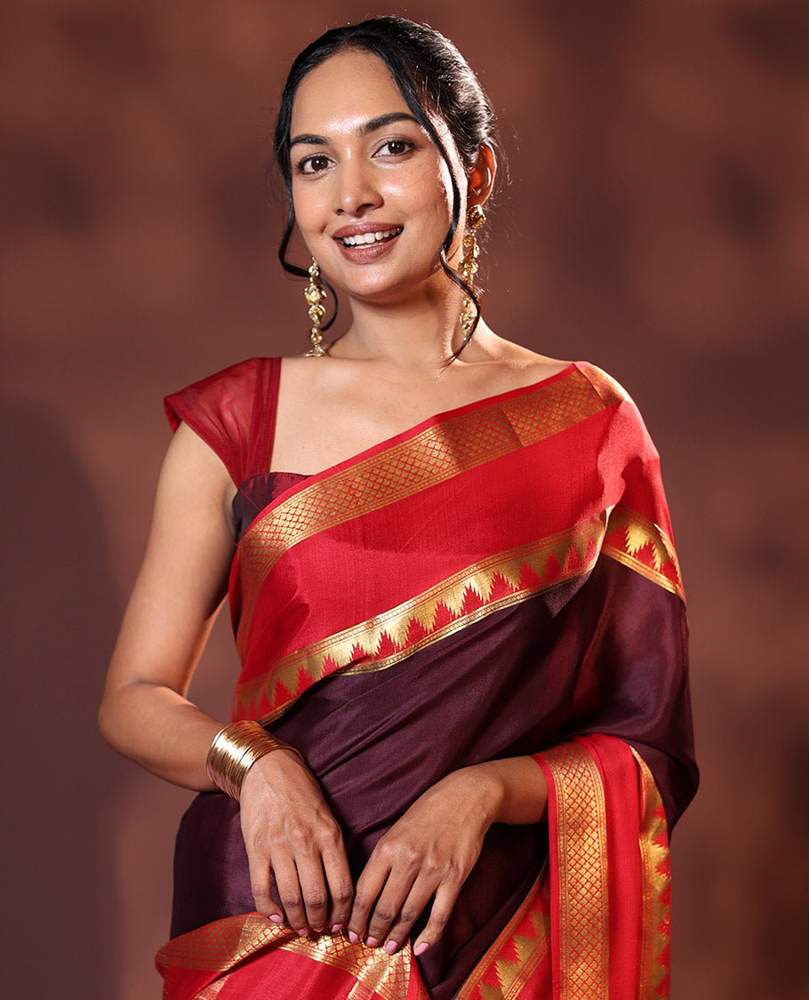 Brown Plain Silk Saree, Complemented by Captivating Contrast Rettai Pettu Border Featuring Thazampoo Rekku, and Jaal Designs, Pallu Adorned with Zari Stripes, and Paired with a Contrast Blouse