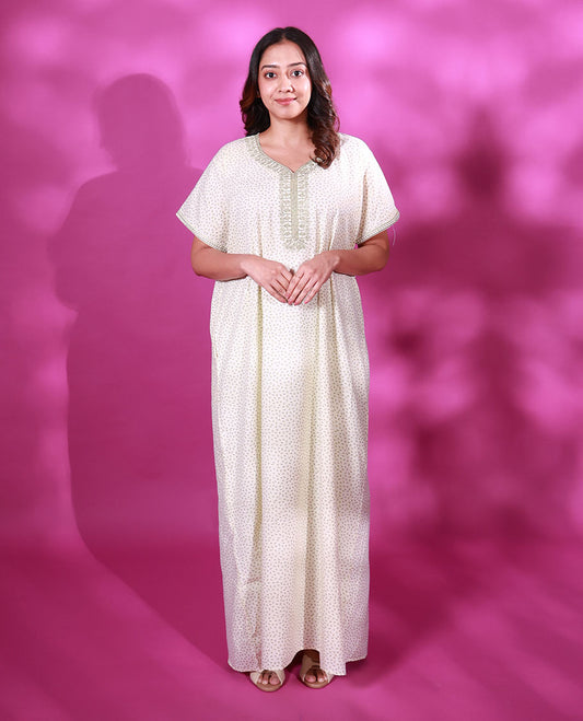 Cream leaf motifs printed leaf-neck embroidered half-sleeve cotton nighty