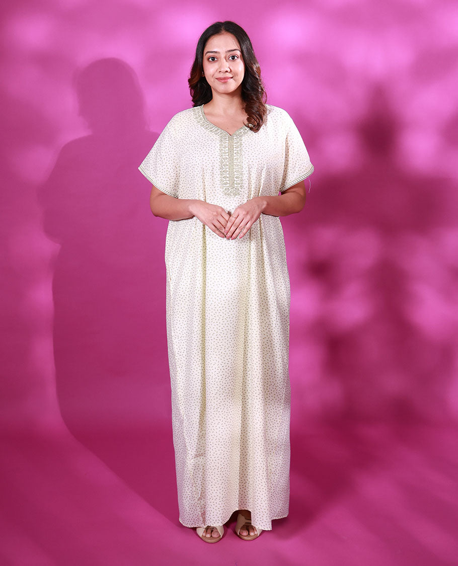 Cream leaf motifs printed leaf-neck embroidered half-sleeve cotton nighty