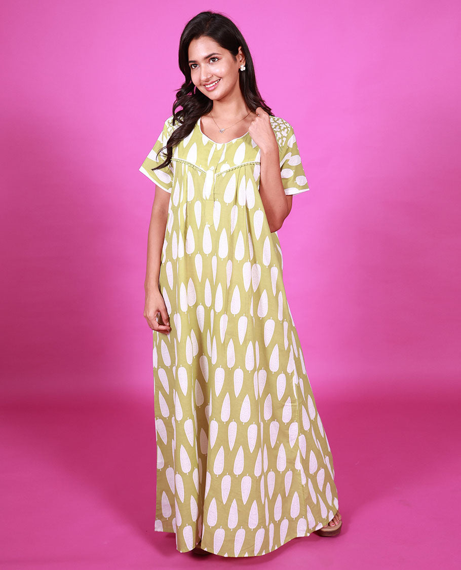 Green pine tree printed with embroidered half-sleeve round neck cotton nighty