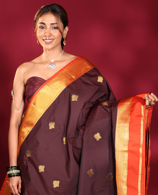 Brown Budget Silk Saree, Enriched with Zari Buttas on Its Body, Complemented by a Contrast Traditional Zari Design Rettai Pettu Border, Majestically Detailed Pallu, and Paired with a Contrast Blouse