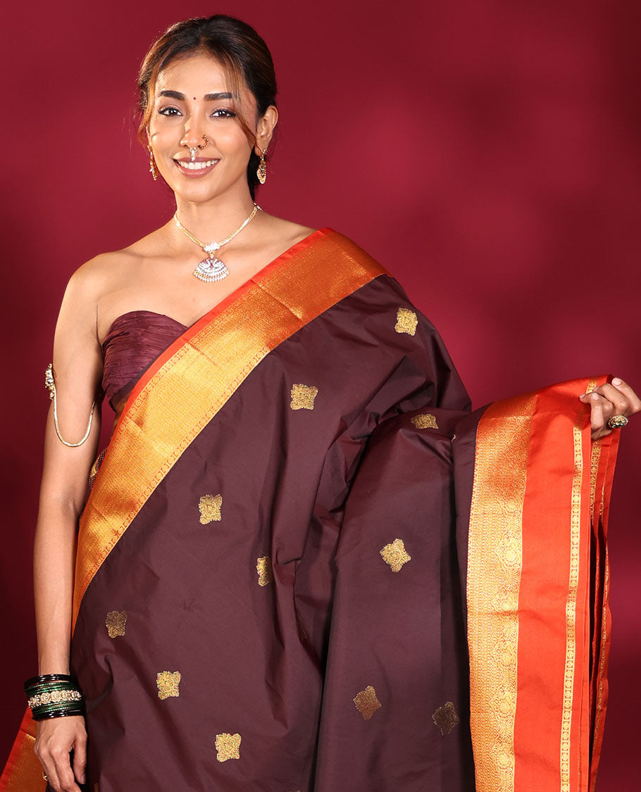 Brown Budget Silk Saree, Enriched with Zari Buttas on Its Body, Complemented by a Contrast Traditional Zari Design Rettai Pettu Border, Majestically Detailed Pallu, and Paired with a Contrast Blouse