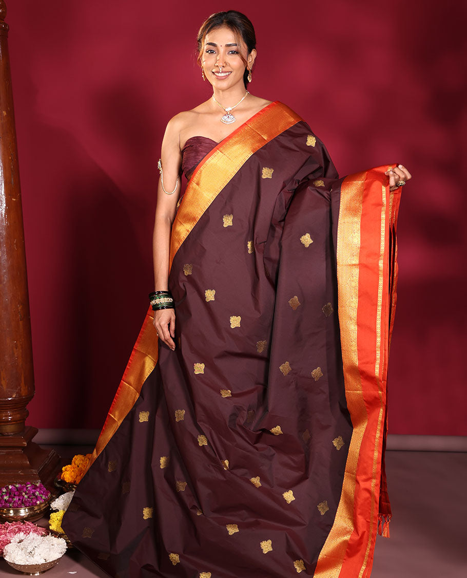 Brown Budget Silk Saree, Enriched with Zari Buttas on Its Body, Complemented by a Contrast Traditional Zari Design Rettai Pettu Border, Majestically Detailed Pallu, and Paired with a Contrast Blouse