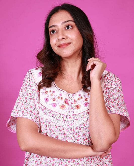 White-pink floral vine printed with neck floral embroidered half-sleeve round neck cotton nighty