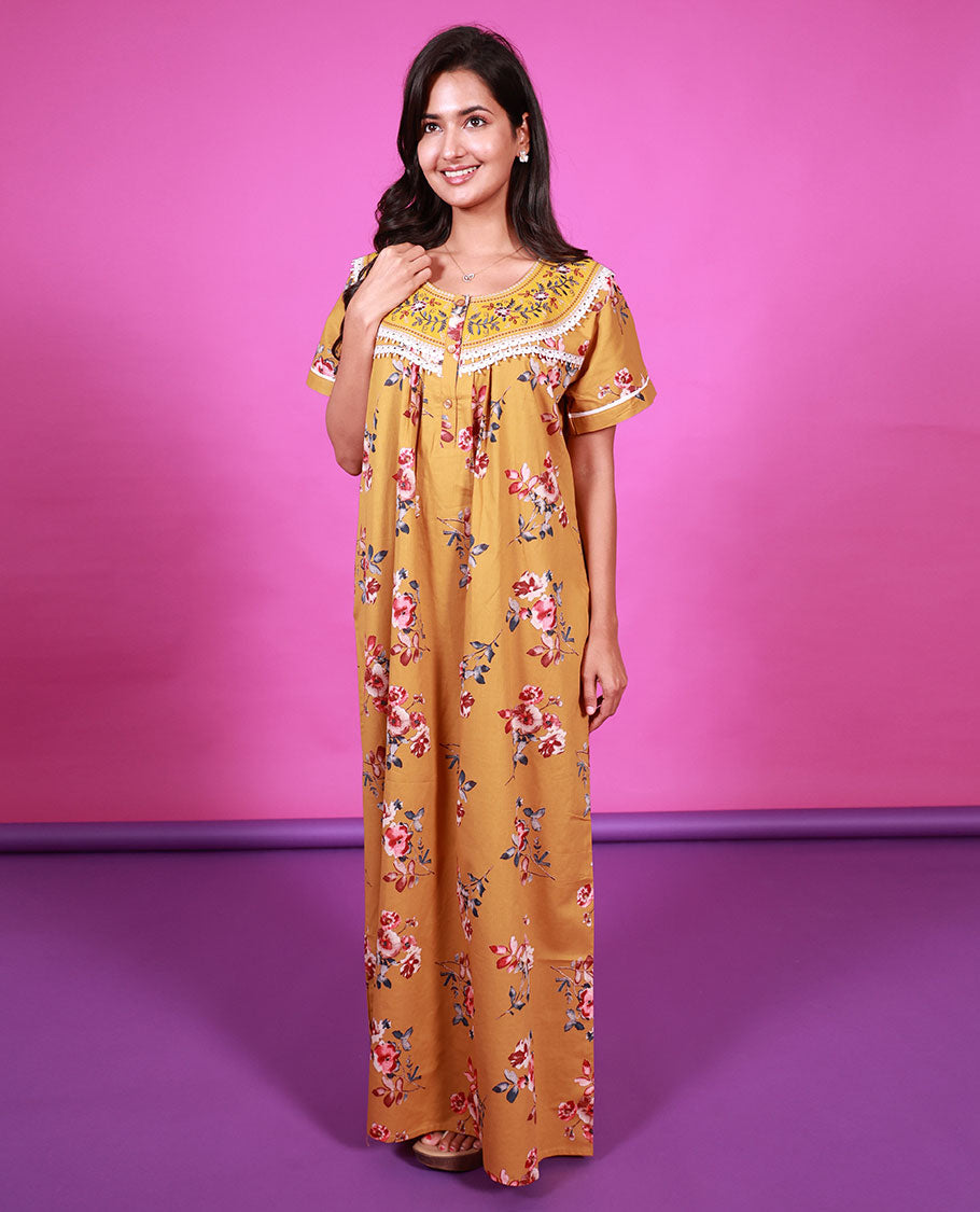 Mustard floral printed with embroidered round neck half-sleeve cotton nighty