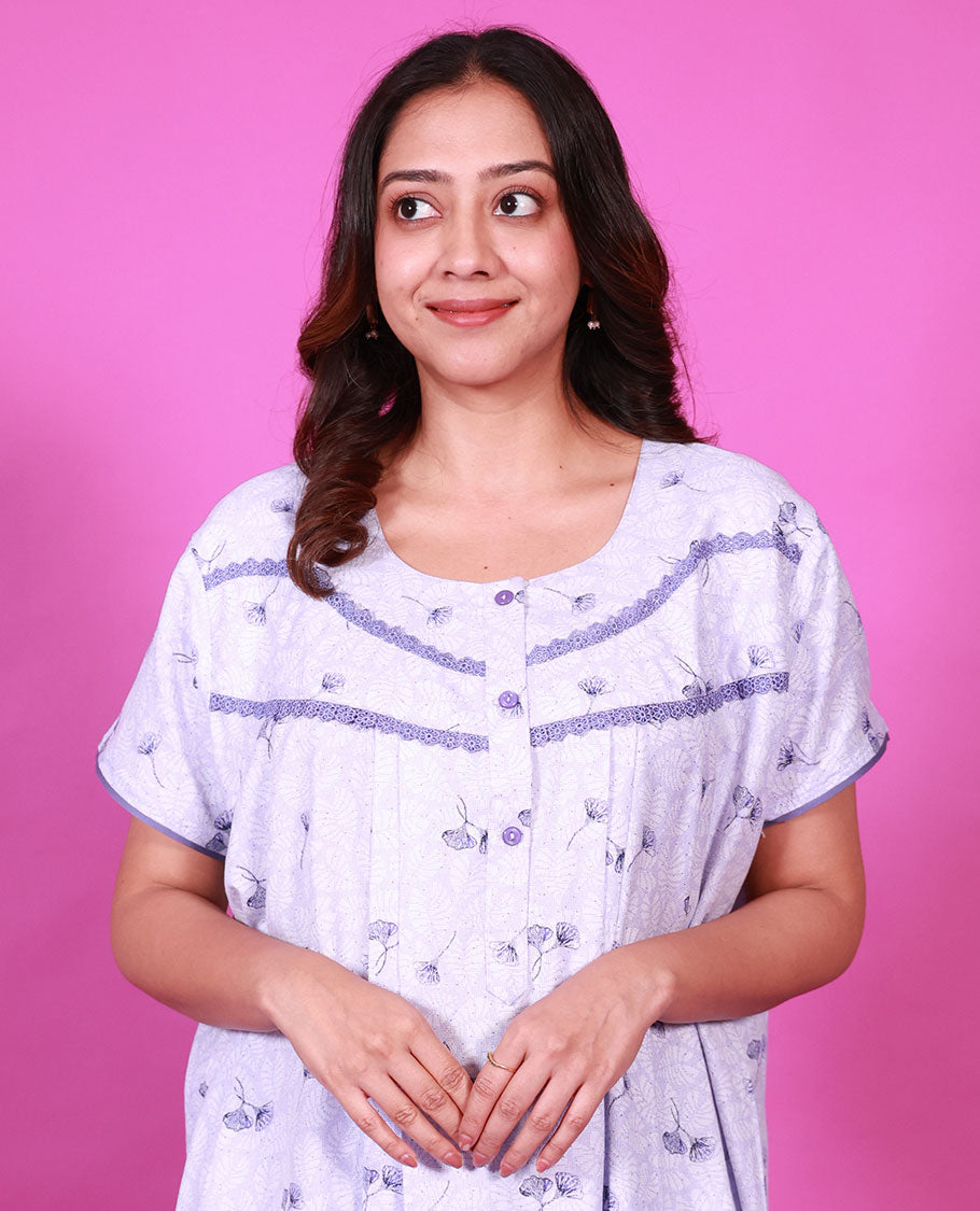 Lavender floral motifs printed with round neck lace work half-sleeve cotton nighty