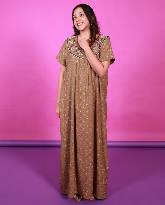 Brown floral motifs printed with floral embroidered half-sleeve cotton nighty