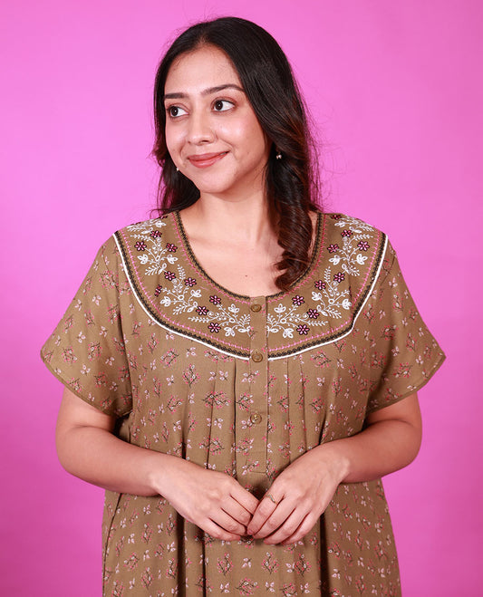 Brown floral motifs printed with floral embroidered half-sleeve cotton nighty