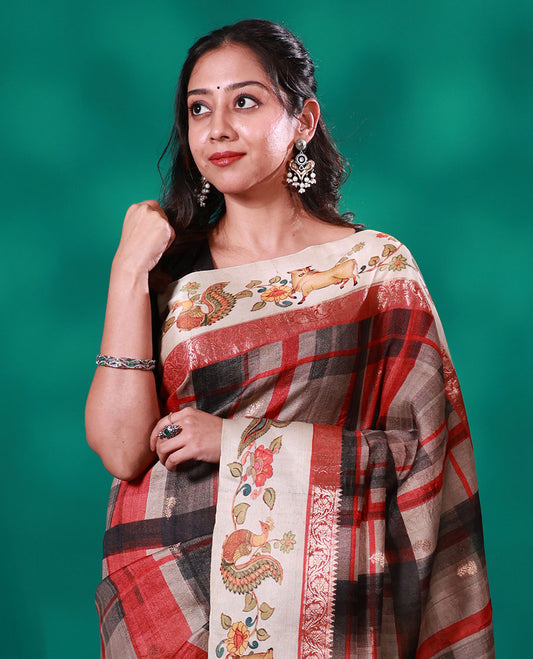 Multi-color checked & buttas tussar saree, contrast border of traditional zari design & multi-color pichwai floral & cow print & zari striped pallu