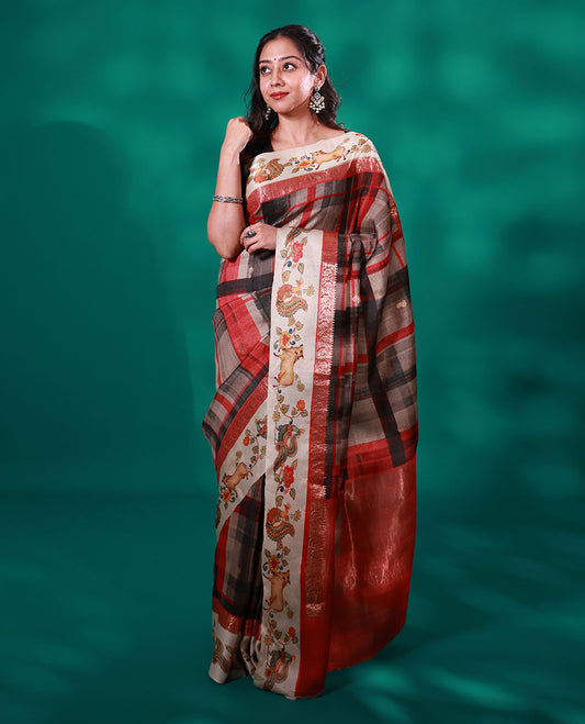 Multi-color checked & buttas tussar saree, contrast border of traditional zari design & multi-color pichwai floral & cow print & zari striped pallu