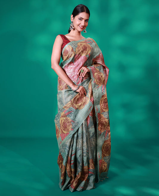 Borderless blue unique floral printed tussar saree
