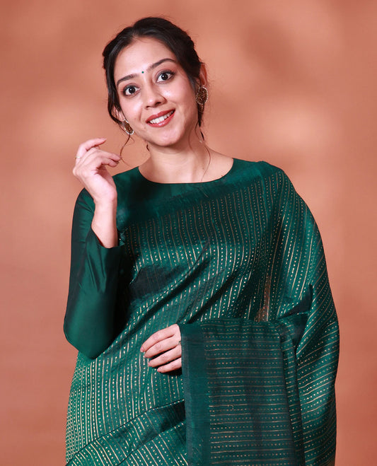 Borderless green dupion silk saree with stripes, and polka dots, zari rich pallu