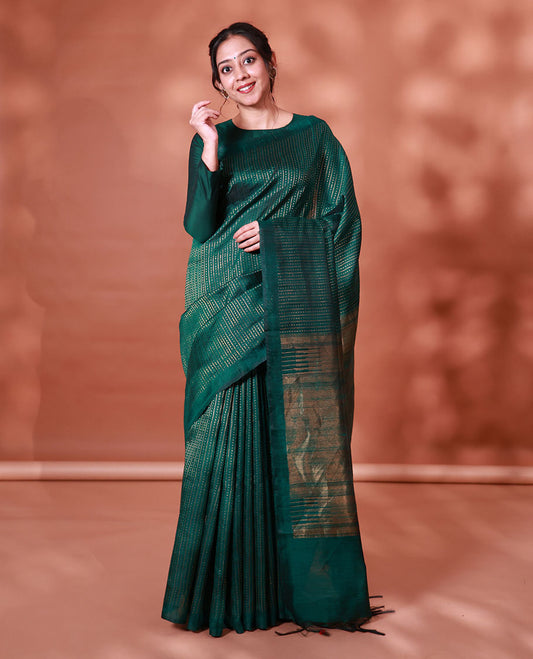 Borderless green dupion silk saree with stripes, and polka dots, zari rich pallu