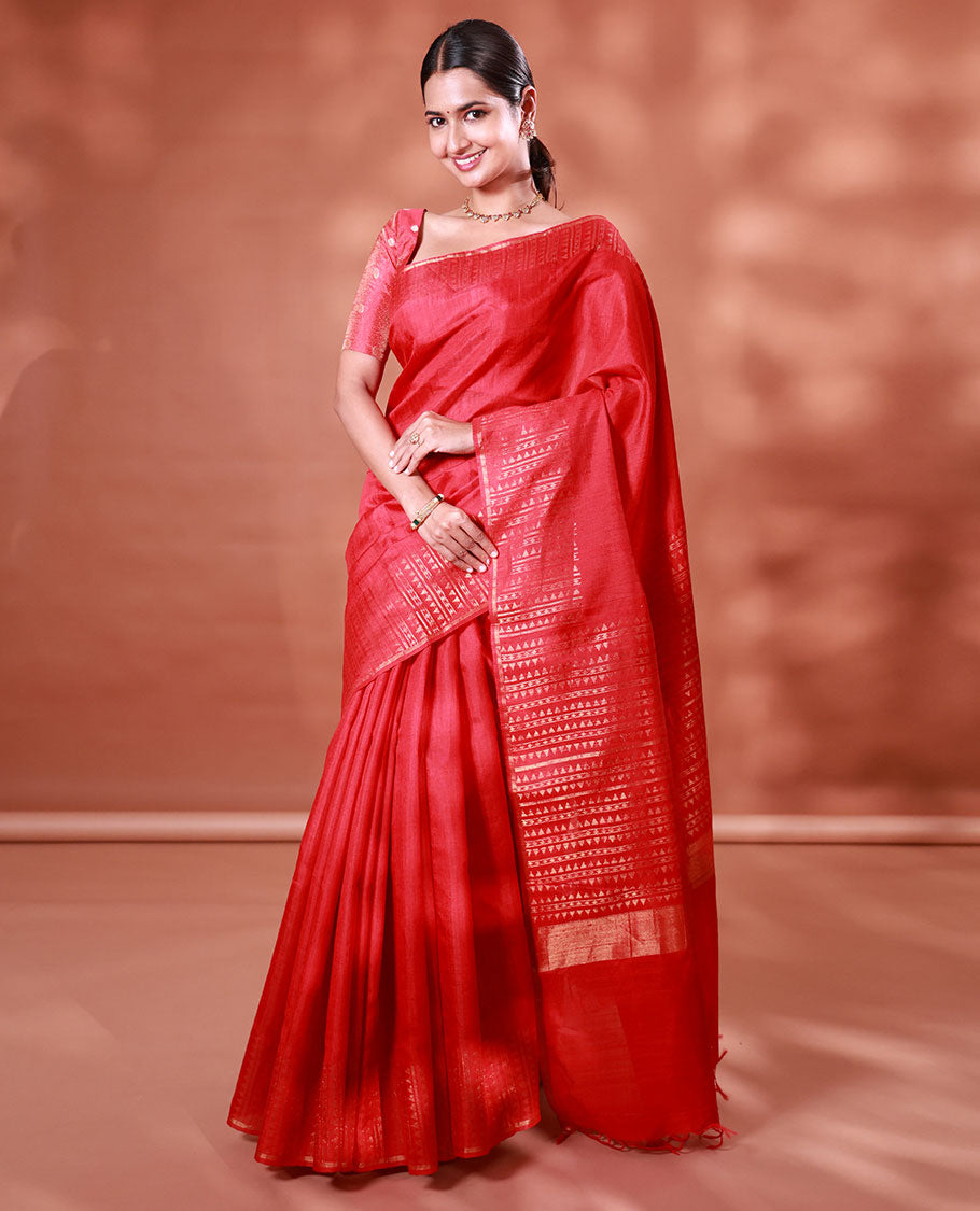 Red plain dupion silk saree, zari border and pallu of temple, and geometric designs